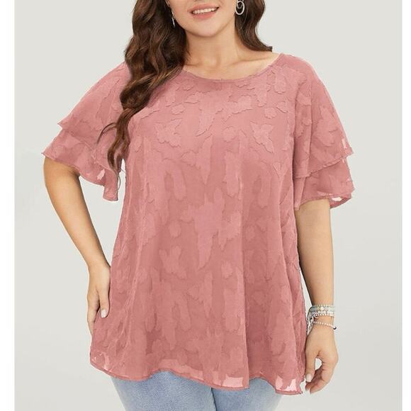 2/$25  10 MED BloomChic Floral Print Ruffle Tiered Raglan Sleeve Mesh Blouse - Picture 1 of 3